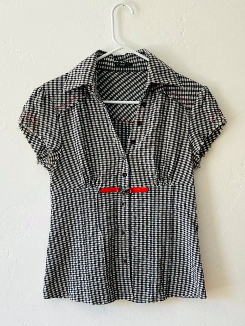 Women’s Black & White Gingham Short-Sleeve Button Down Top with Red Accent